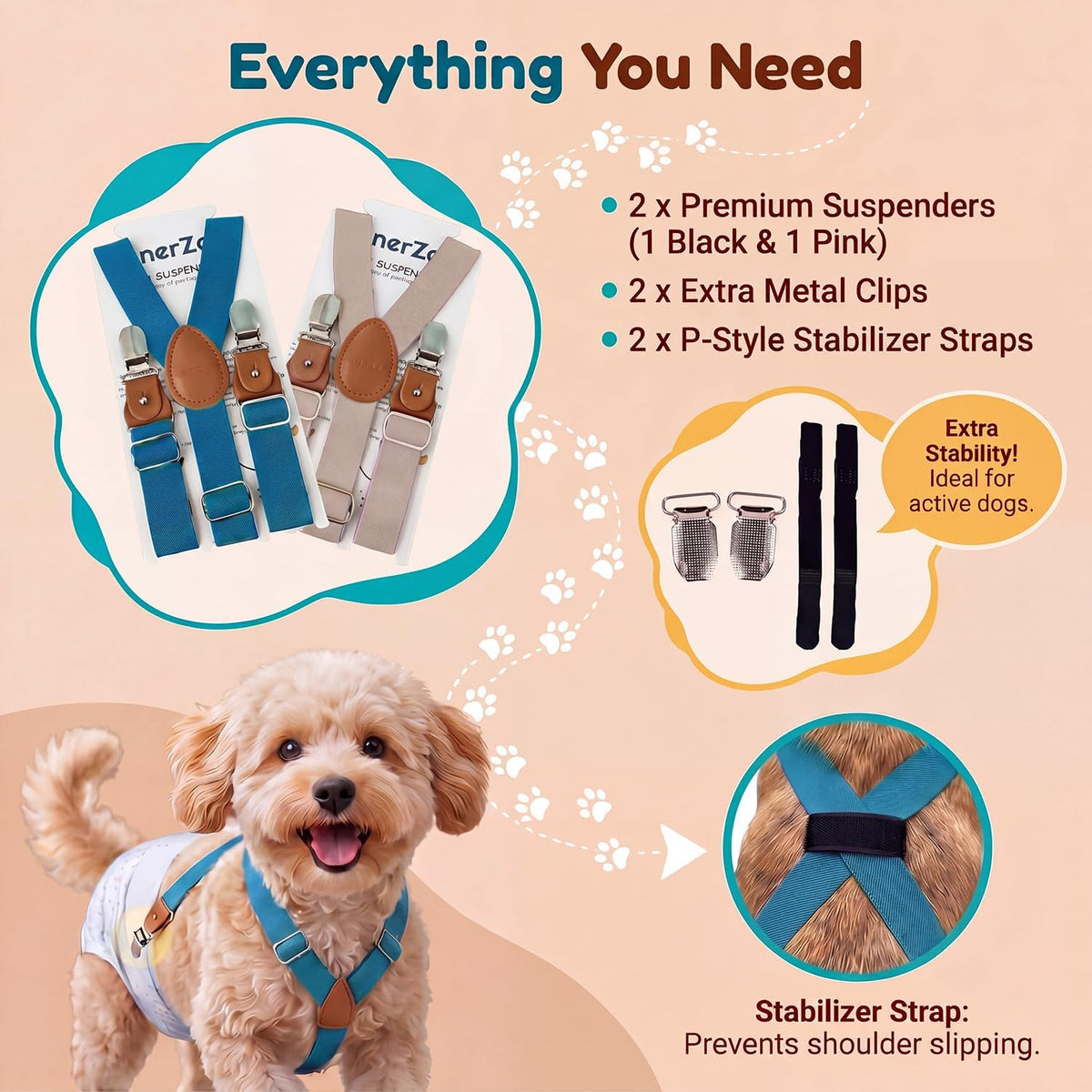 Two pack of anti slip pet diaper suspenders for small dogs in heat