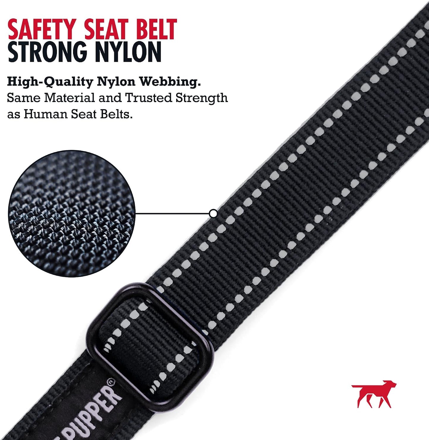 Reflective stitching on Tuff Pupper dog safety restraint