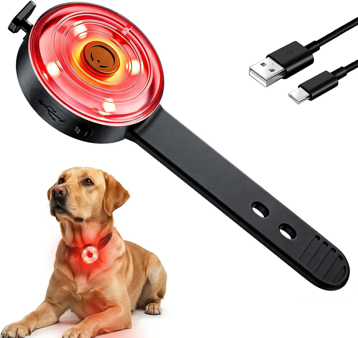 Yesbular Pro Dog Collar Light front view displaying the diamond shaped LED lens and black silicone attachment strap.