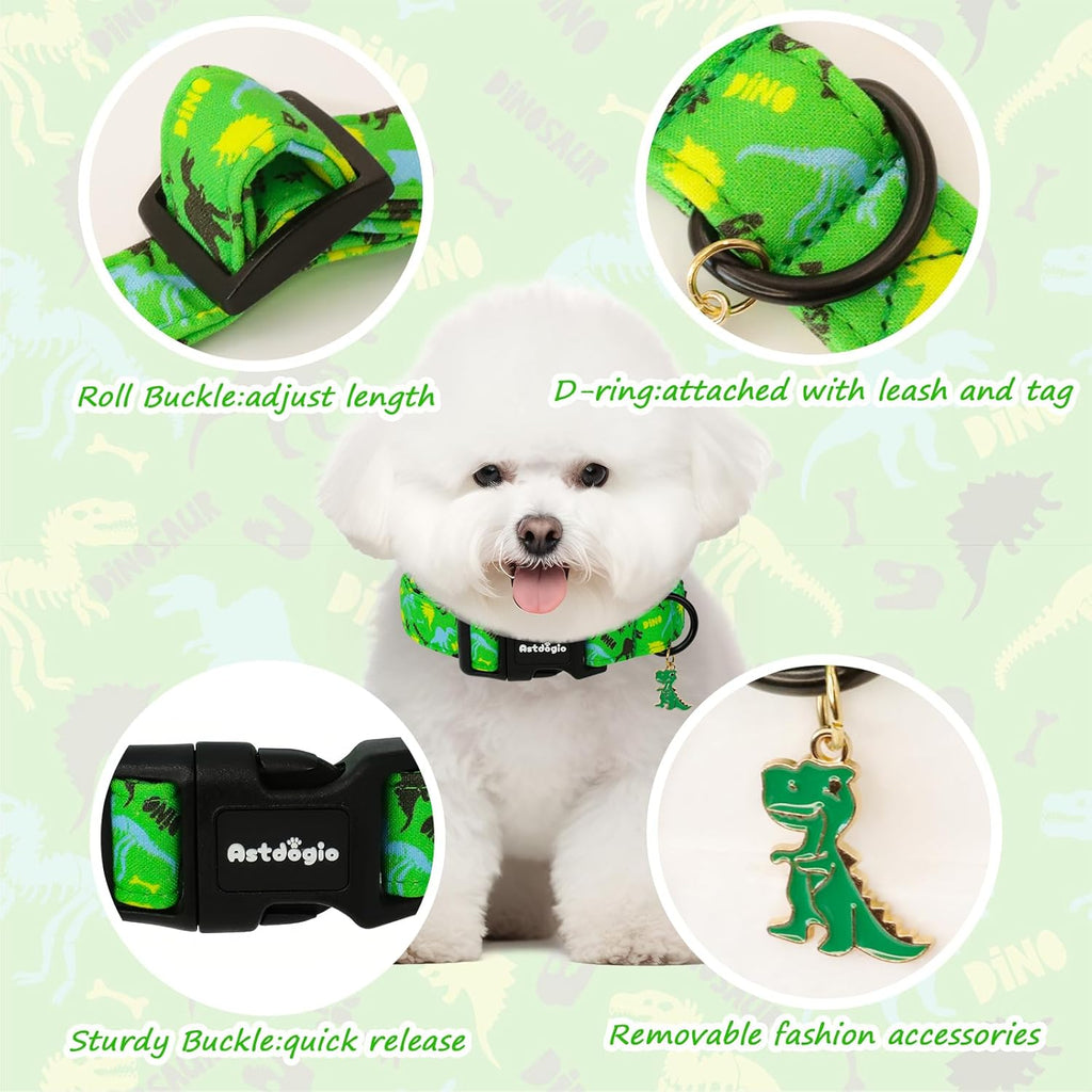 Durable metal buckle and D-ring on dinosaur dog collar