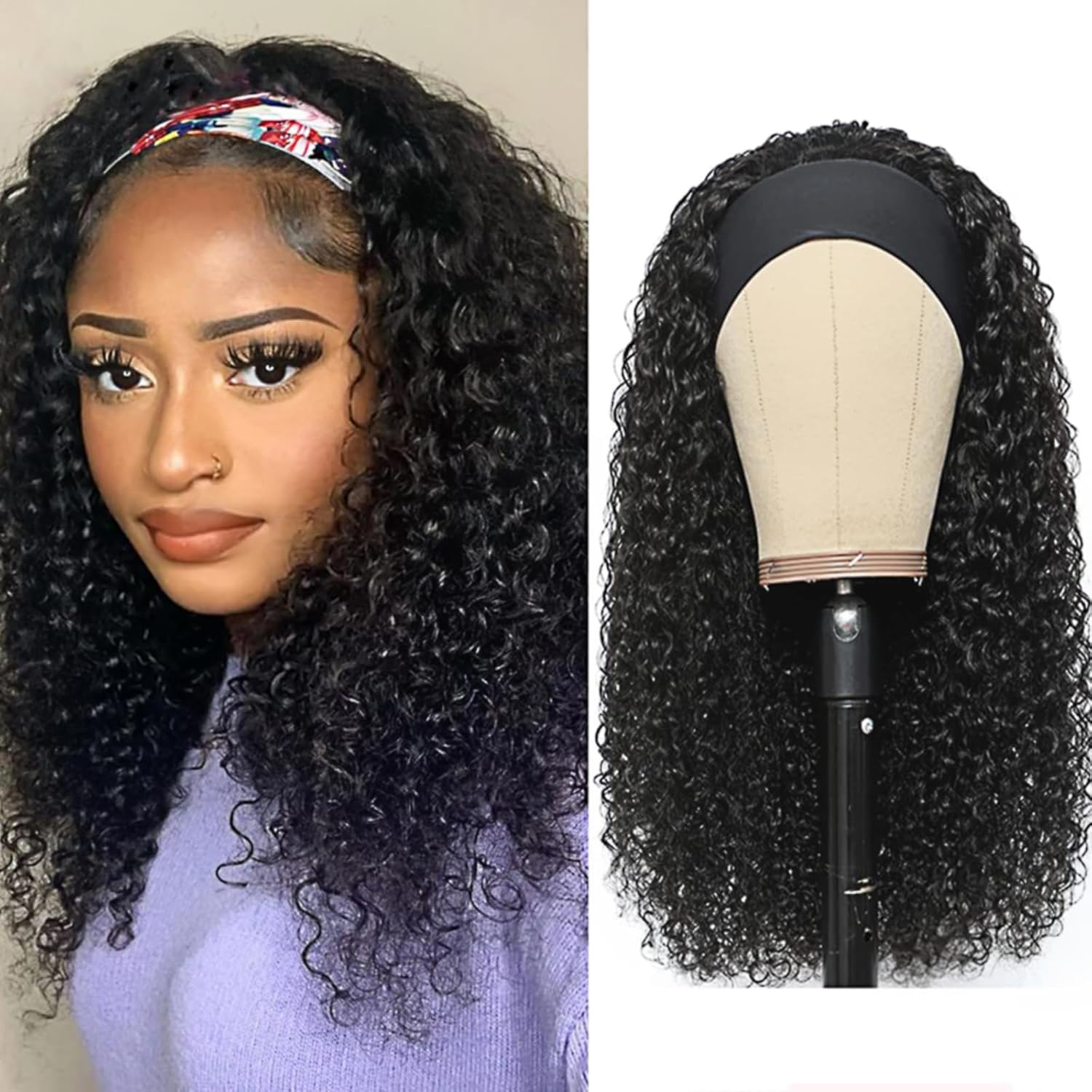 XSY Deep Wave Human Hair Headband Wig 16 Inch front view showing curly texture.