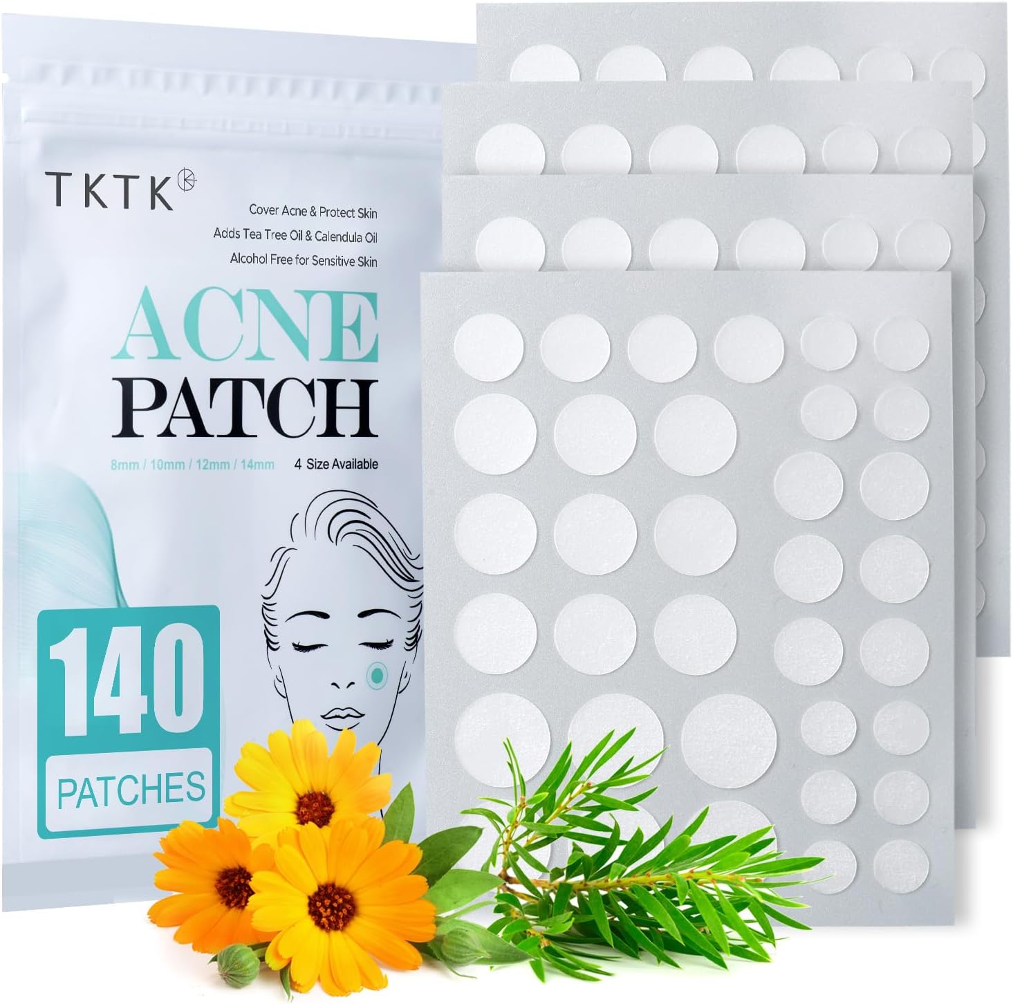 TKTK Hydrocolloid Pimple Patch packaging front view showing one hundred and forty count acne dots.