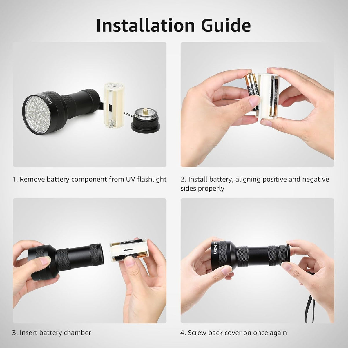 Lepro 51 LED blacklight packaging showing full product dimensions and battery compartment.