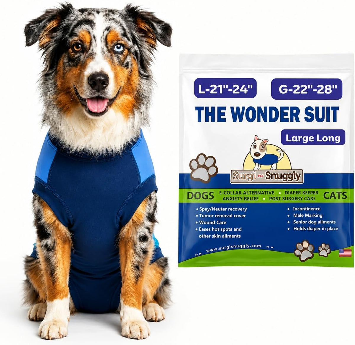 Surgi Snuggly dog surgery recovery suit front view on a golden retriever