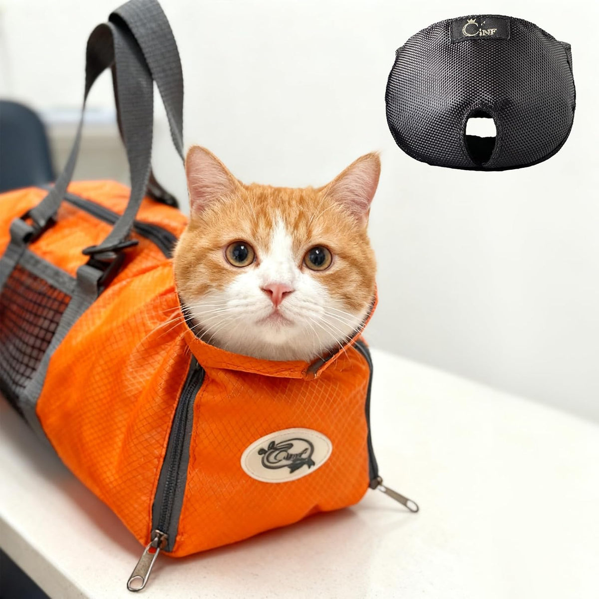 Cat secured inside the Cinf mesh bathing and grooming bag