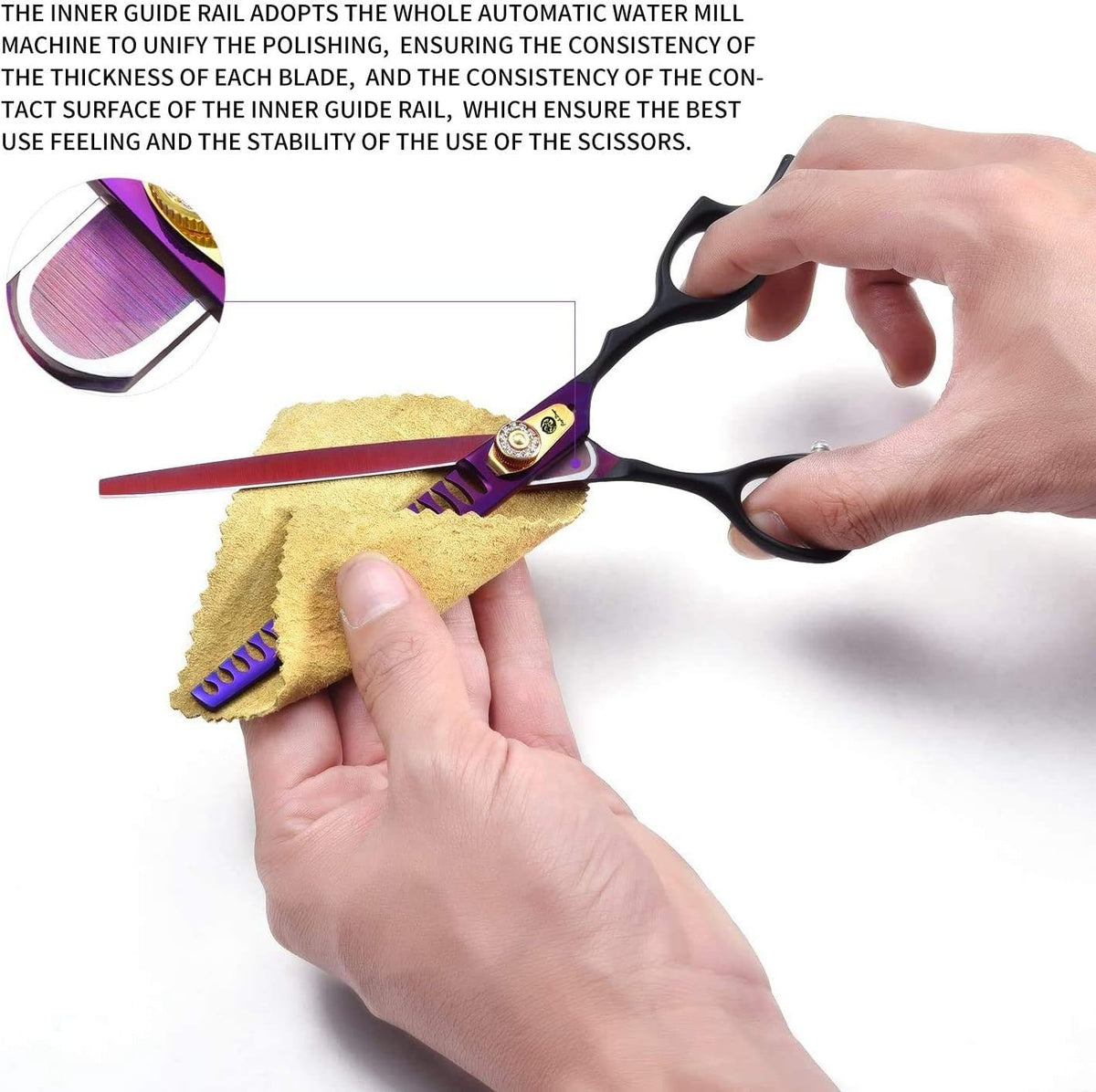 Ergonomic curved handles on Purple Dragon professional pet grooming shears