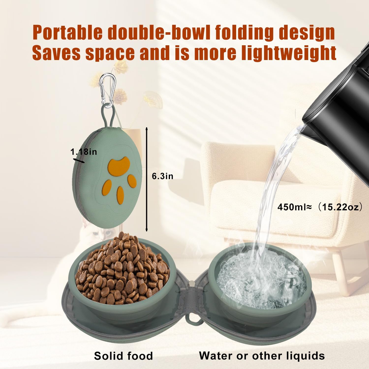 Dual compartment silicone travel dog bowl expanded showing food and water sections.