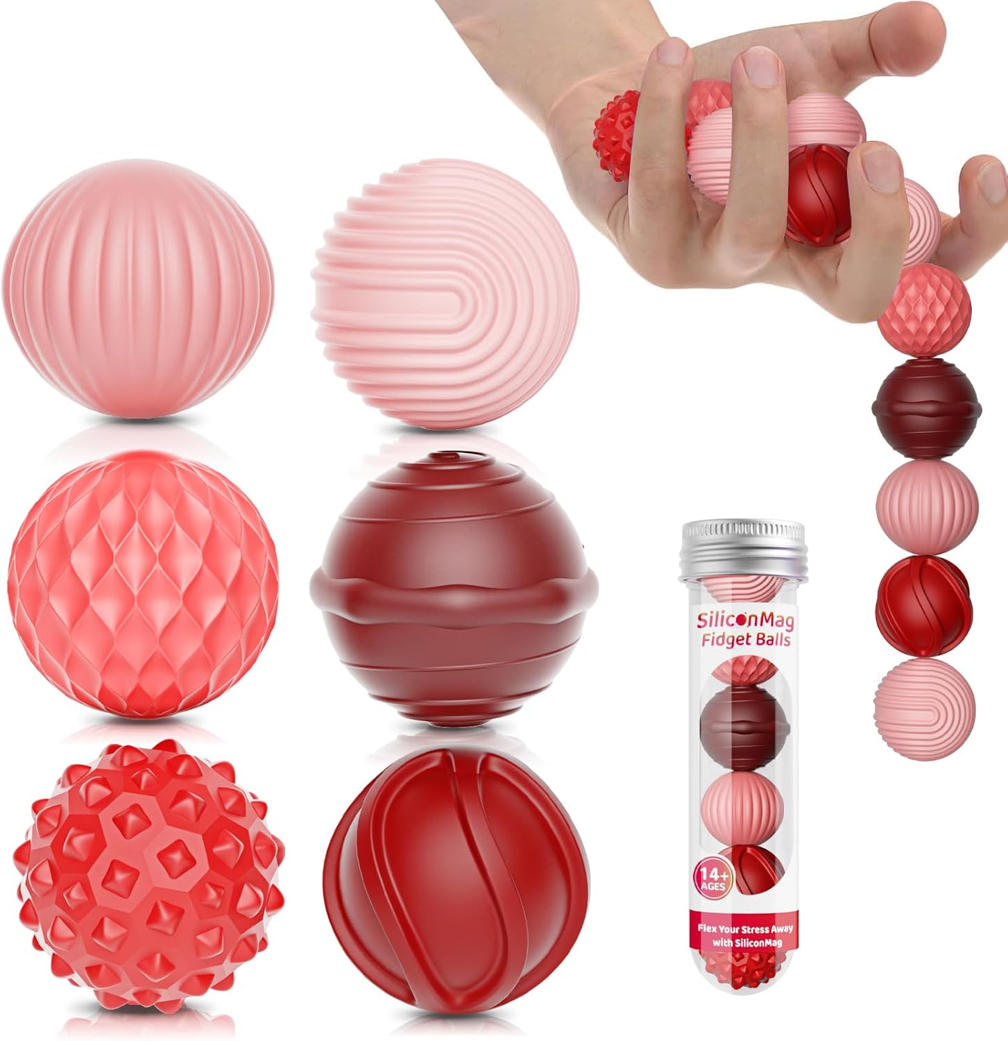 RIVGOT silicone magnetic balls front view showing six red textured sensory toys