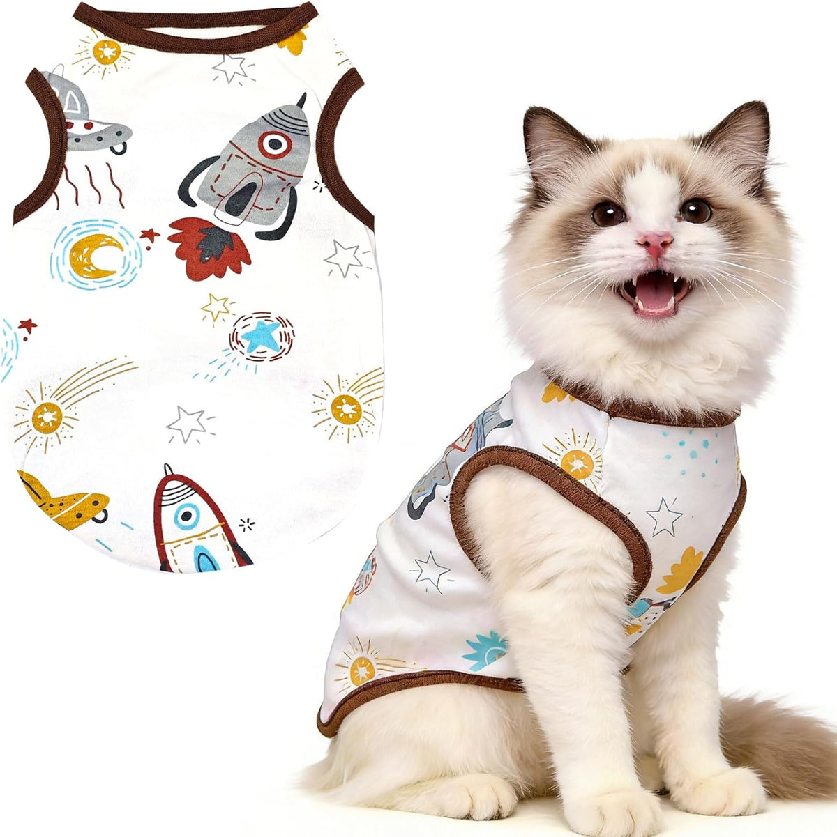 Petcare brown spaceship cartoon cat shirt front view