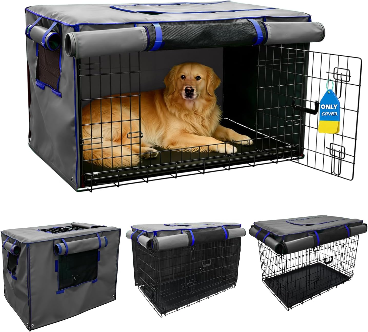 Guwamy 42 inch dog crate cover grey front view on wire cage