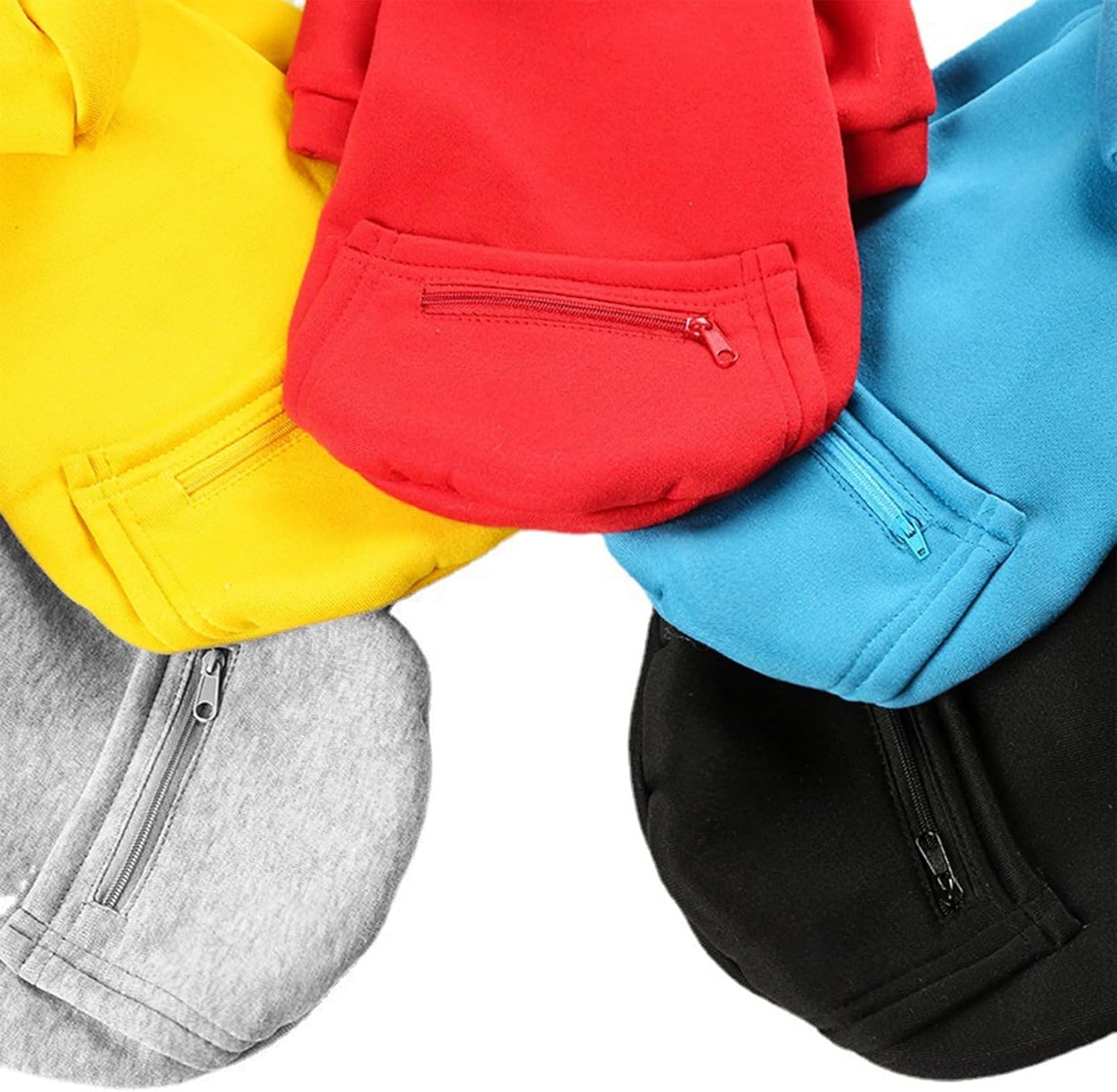 Detailed stitching and durable zipper pouch on the blue small breed puppy clothing.