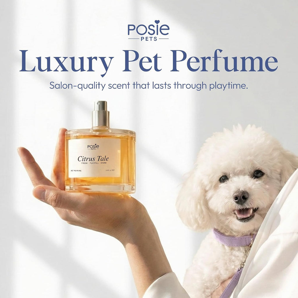 Close up of Posie Pets dog grooming cologne label details