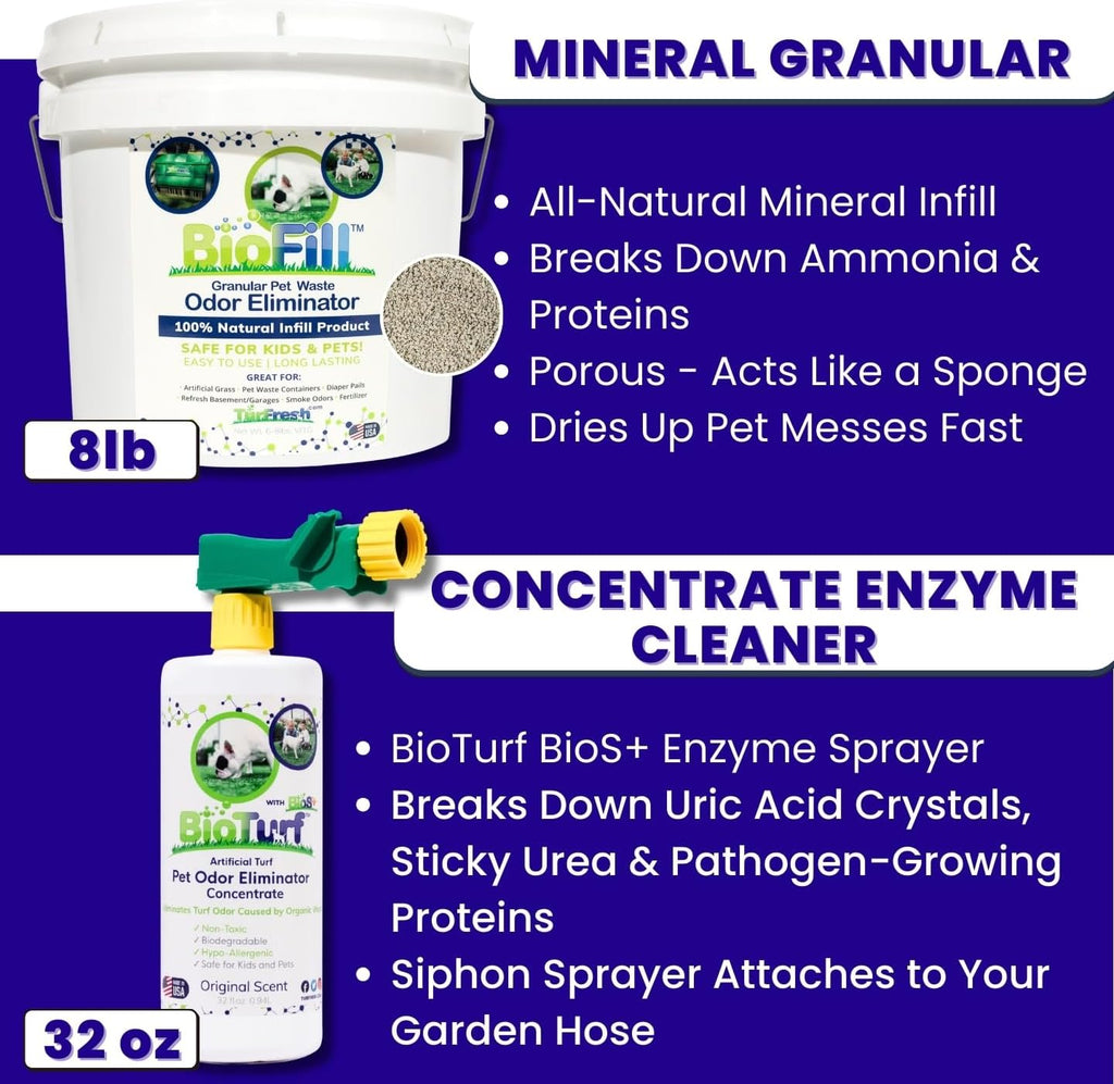 BioTurf BioFill eight pound granular turf infill bucket for dog urine odor absorption.