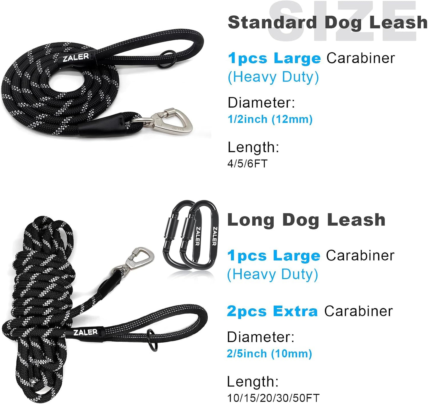 ZALER long dog training leash black packaging and full length view