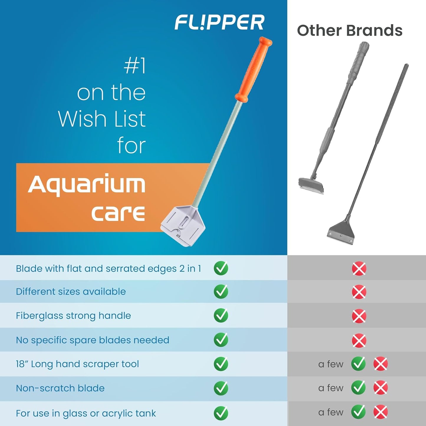 FL!PPER Platinum aquarium scraper package showing the 18 inch handle length