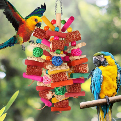 Small bird chewing accessory showing the textured corn cob and rattan vine ball elements.