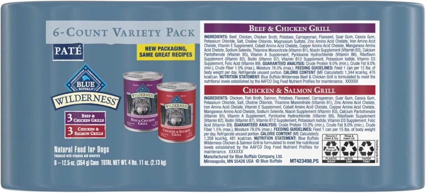 Blue Buffalo Wilderness premium grain free high protein wet dog food variety pack for adult dogs.