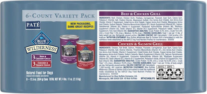 Blue Buffalo Wilderness premium grain free high protein wet dog food variety pack for adult dogs.