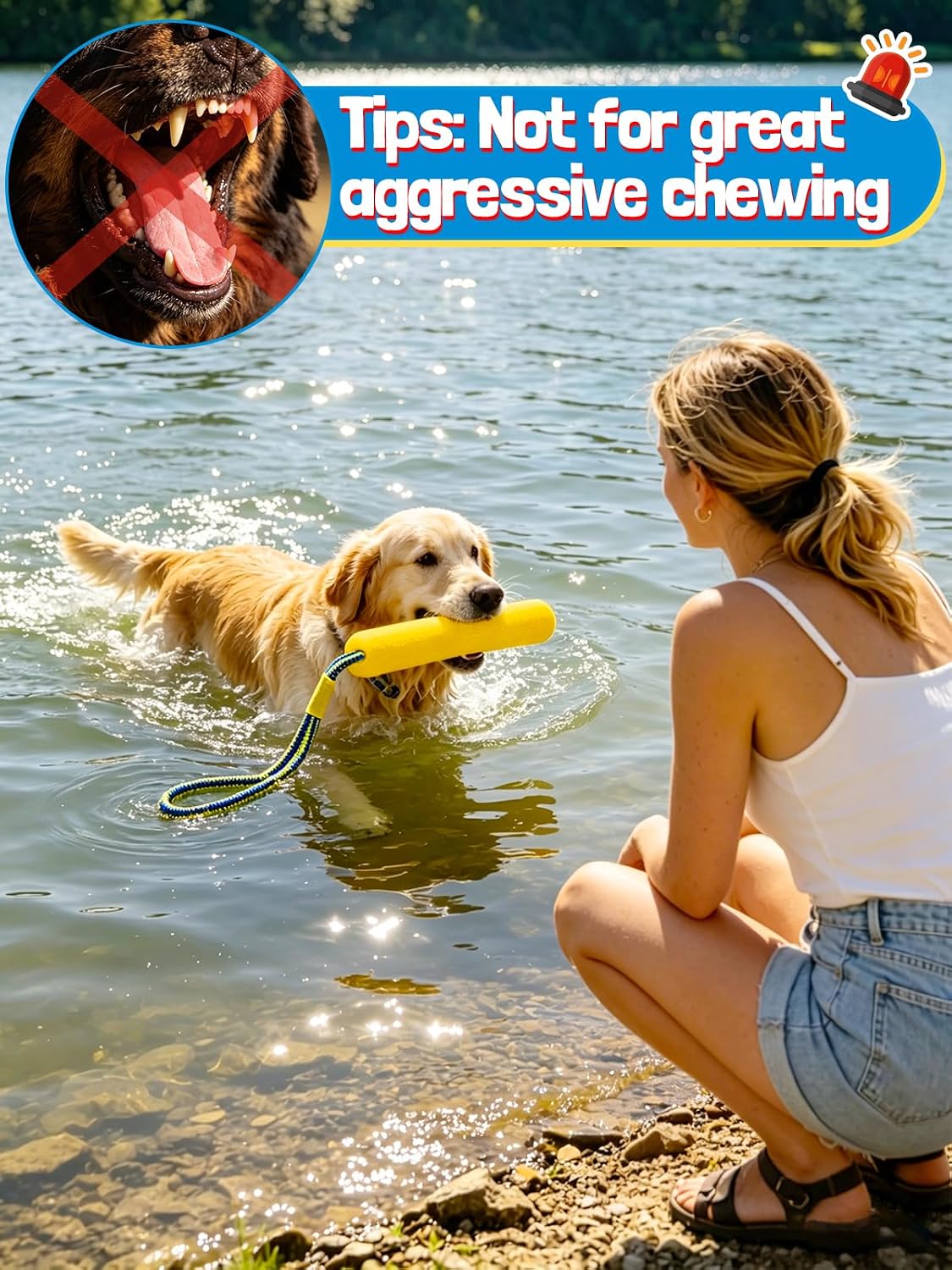Durable TPR red bone toy with attached rope for interactive pet water fetching games.