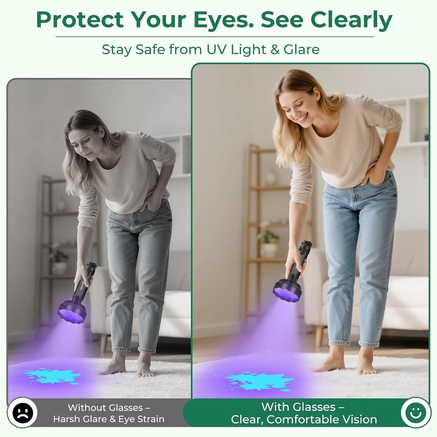 ESCO LITE 128 LED black light illuminating dried cat urine stain on carpet