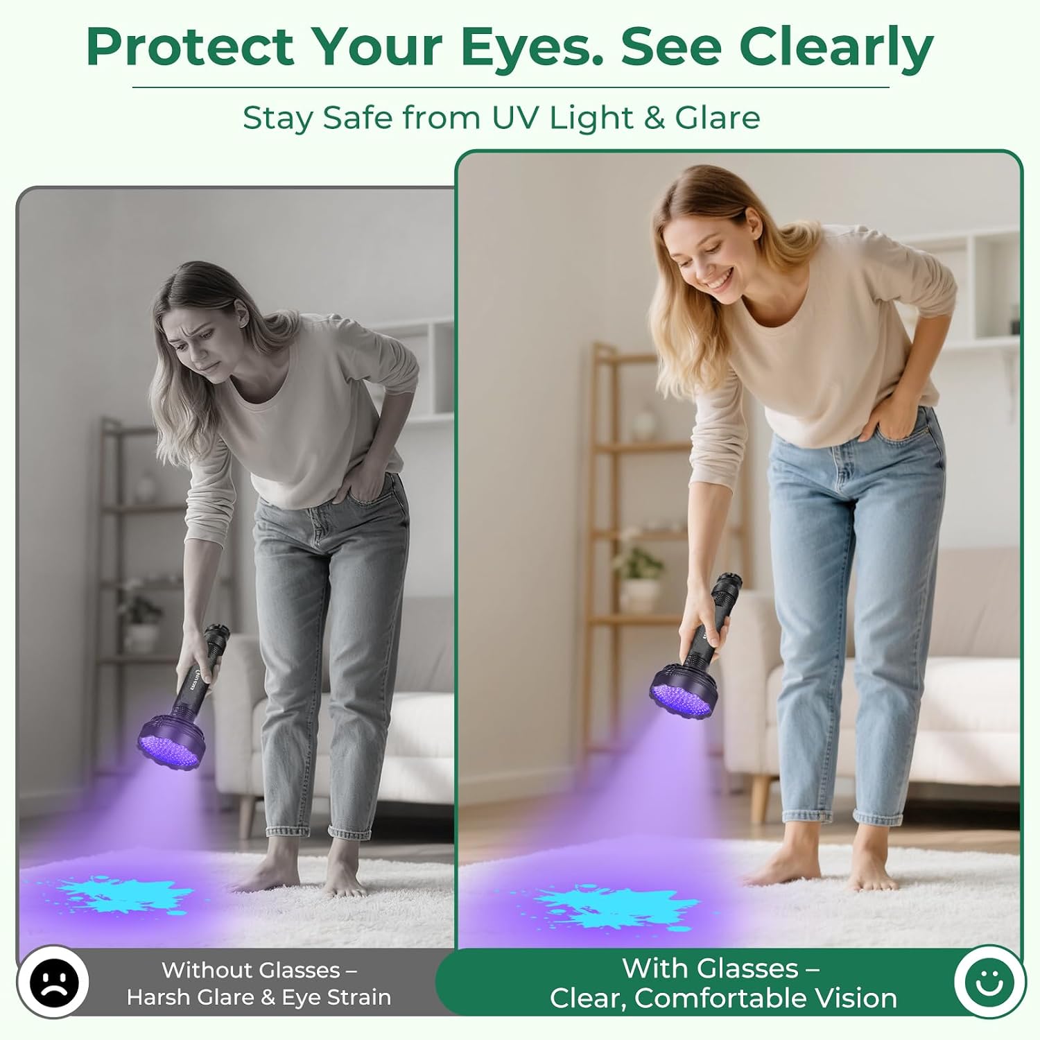 ESCO LITE 128 LED black light illuminating dried cat urine stain on carpet