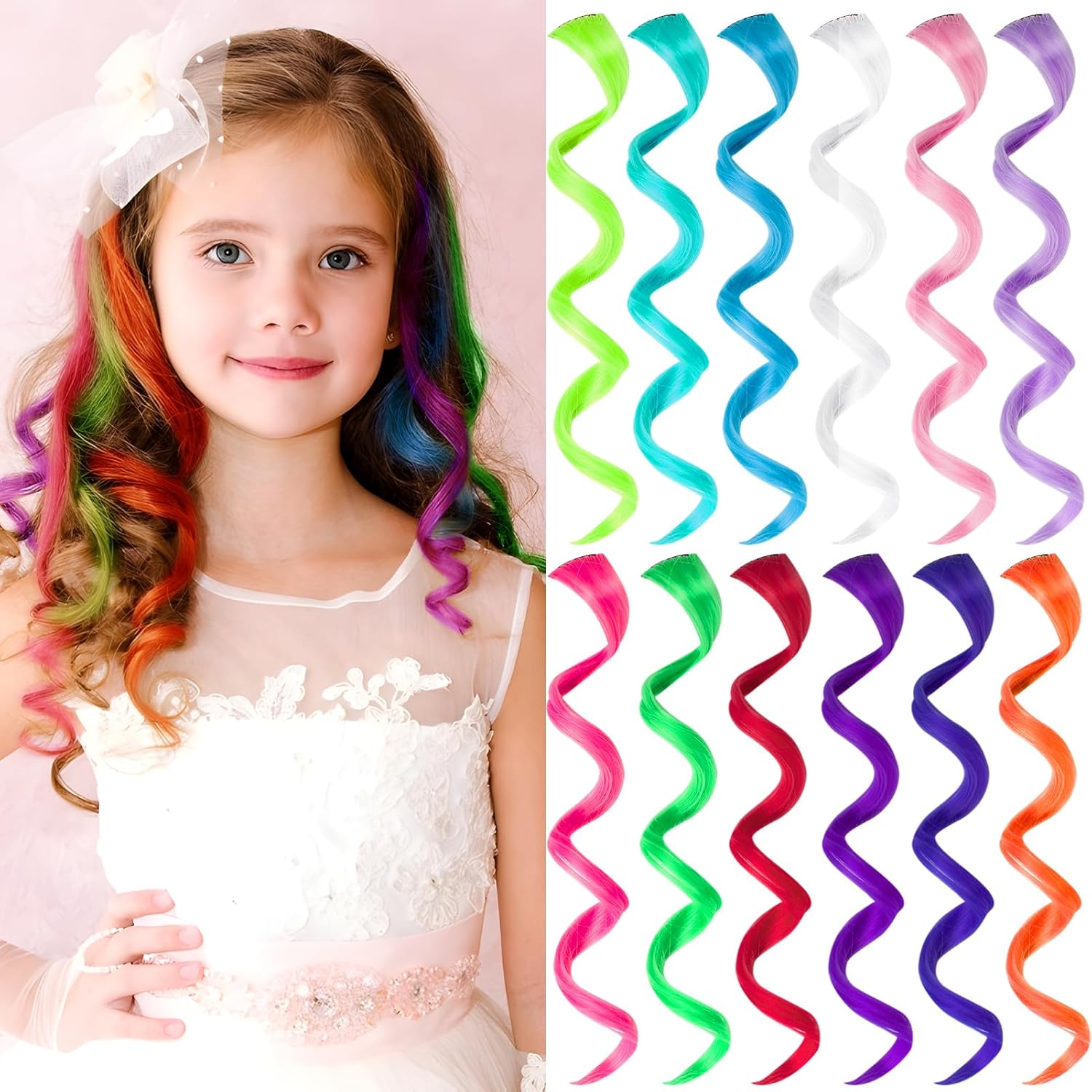 CoolShef colored hair extensions front view showing twelve vibrant rainbow synthetic hairpieces for kids.