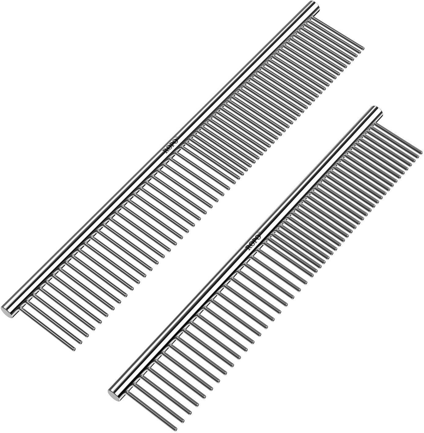ROPO CWXZSTM stainless steel pet grooming combs front view showing rounded teeth and ergonomic grip handle.