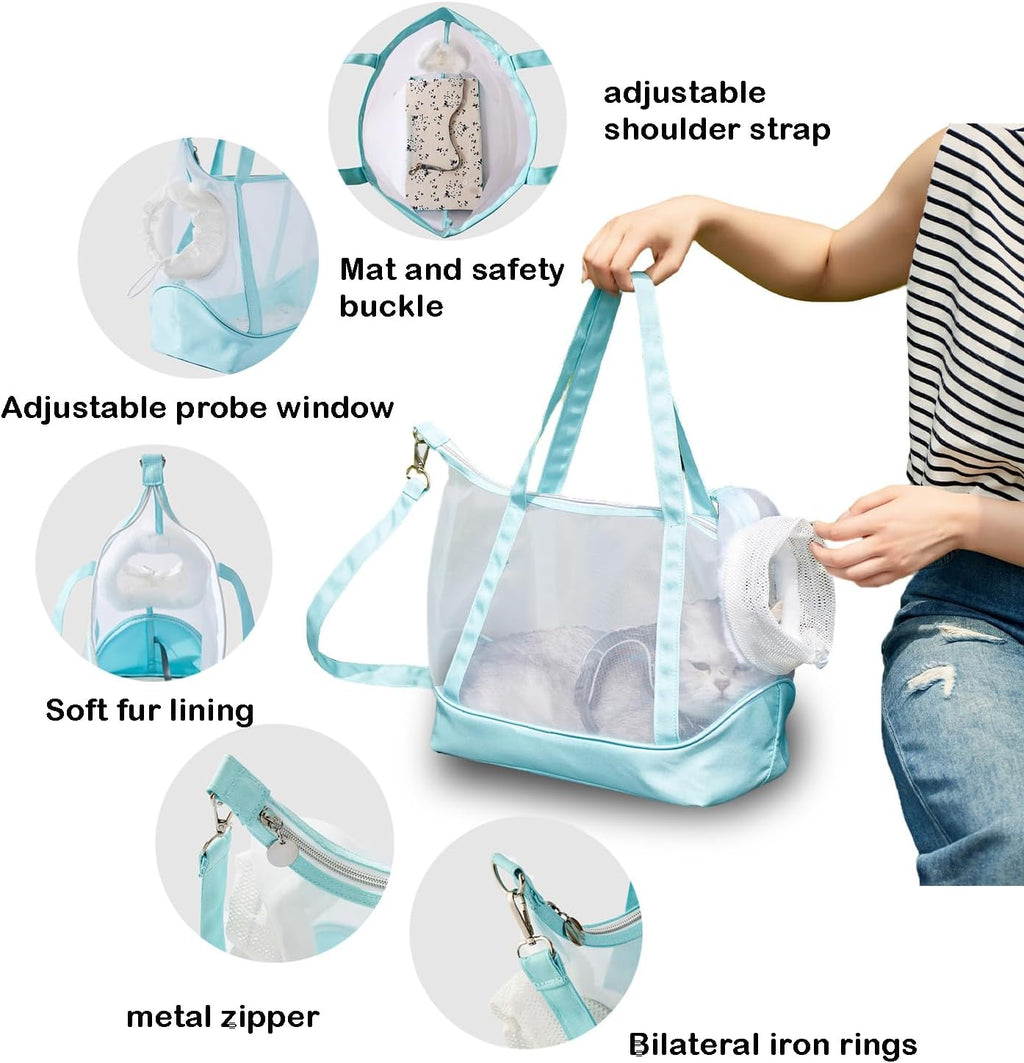 Top view of cat carrier pouch with drawstring window open