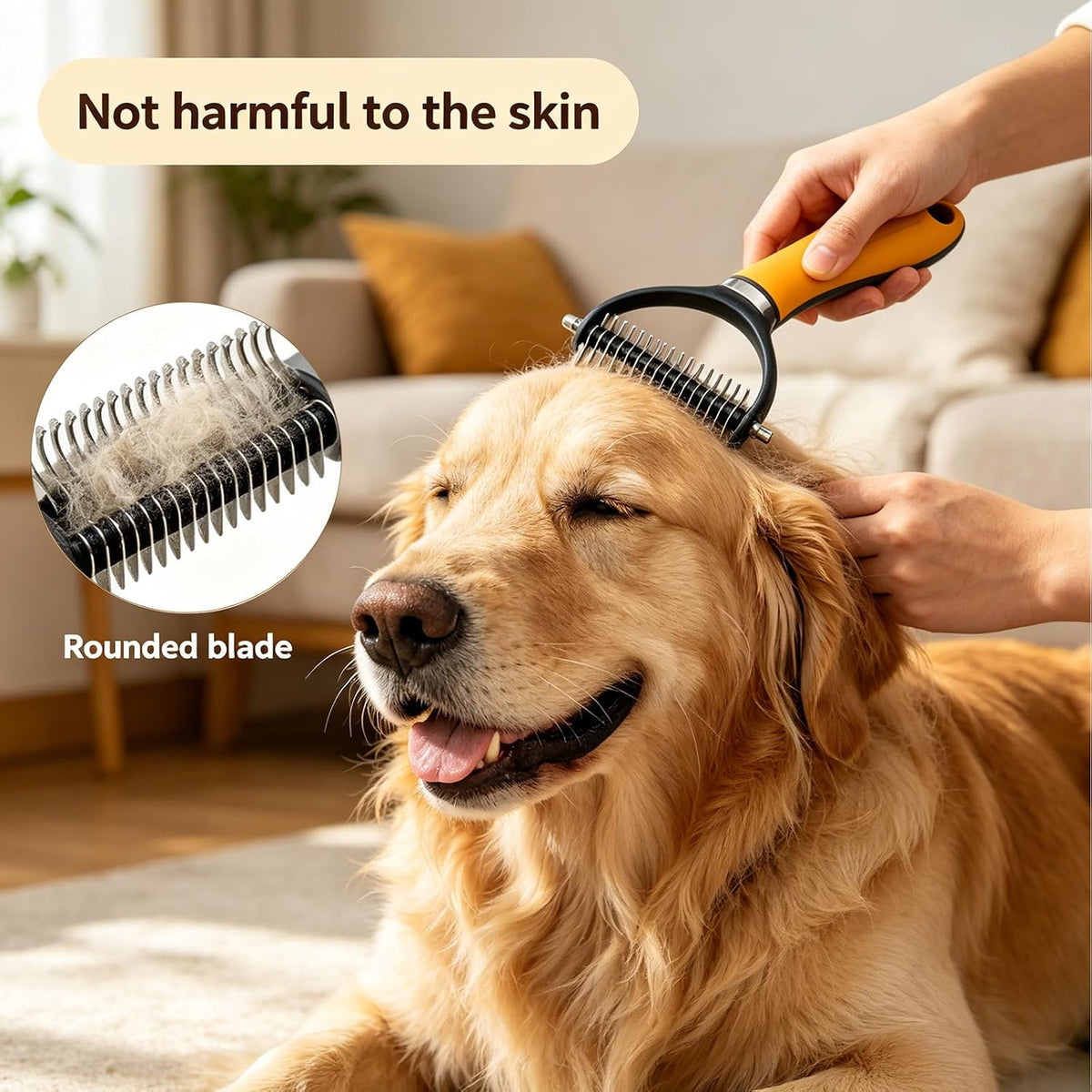 Green Jiexily pet grooming comb tool being used to clear knots from dog hair