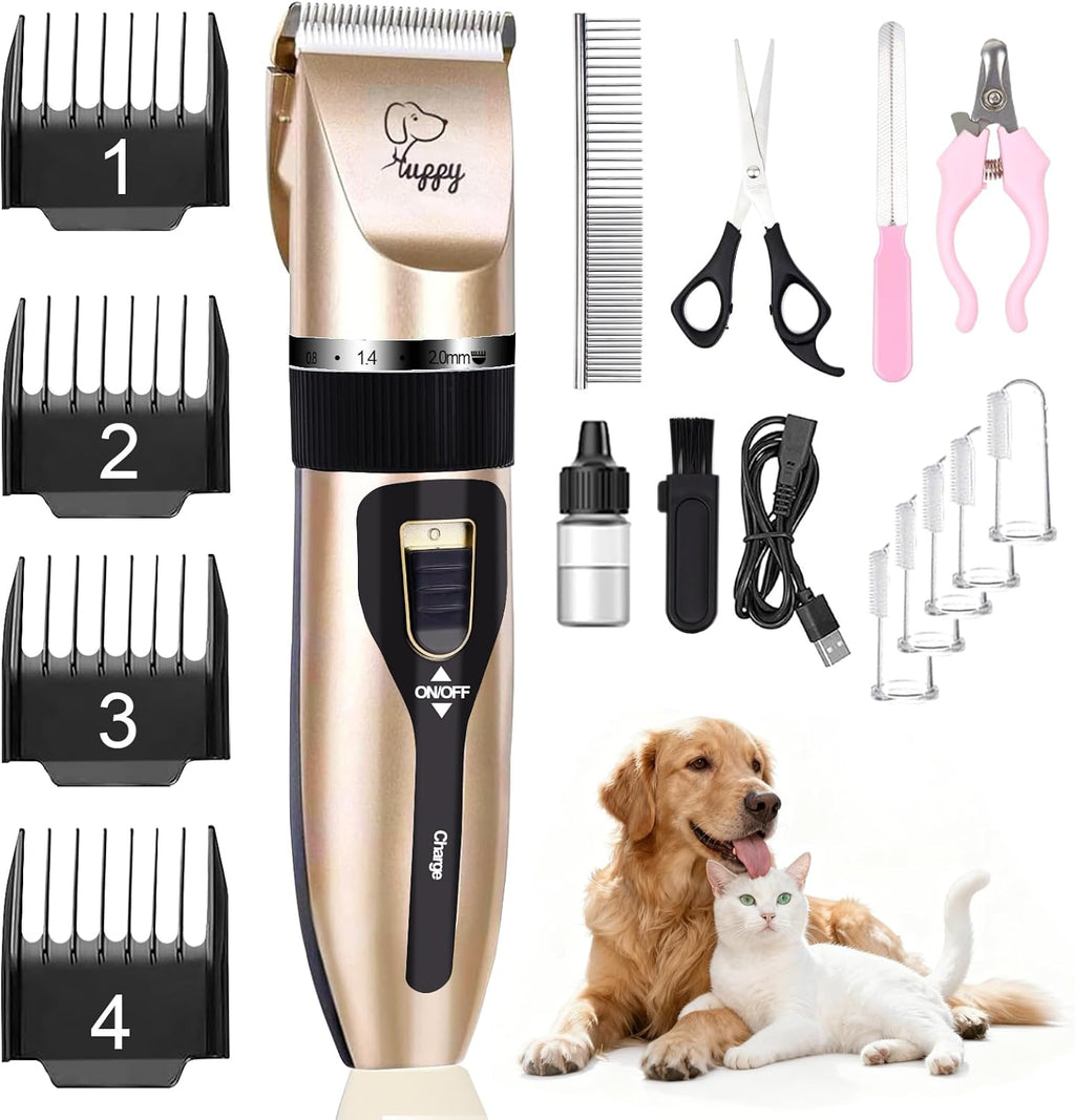 HappyYILIDA low noise dog clippers front view gold electric pet hair trimmer for home grooming