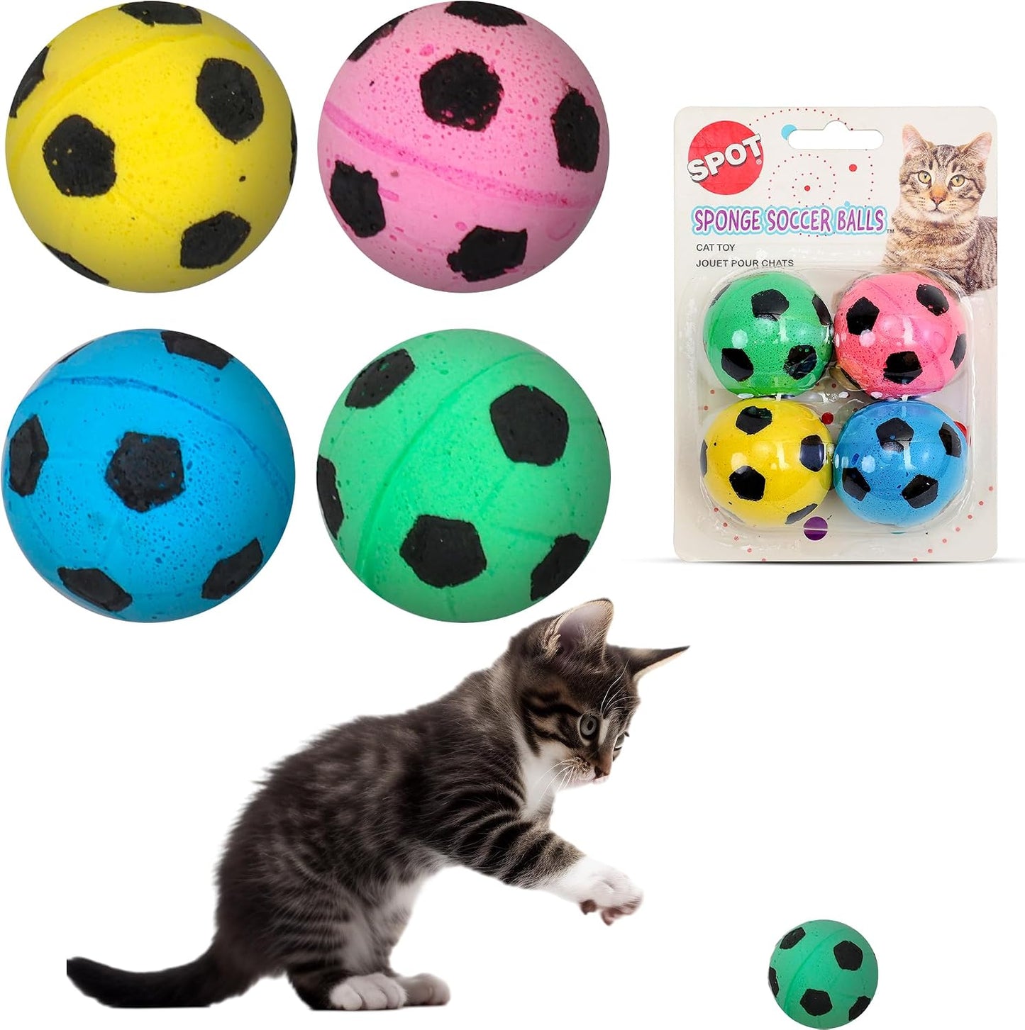 Spot Sponge Soccer Balls Cat Toy front view showing four colorful foam balls