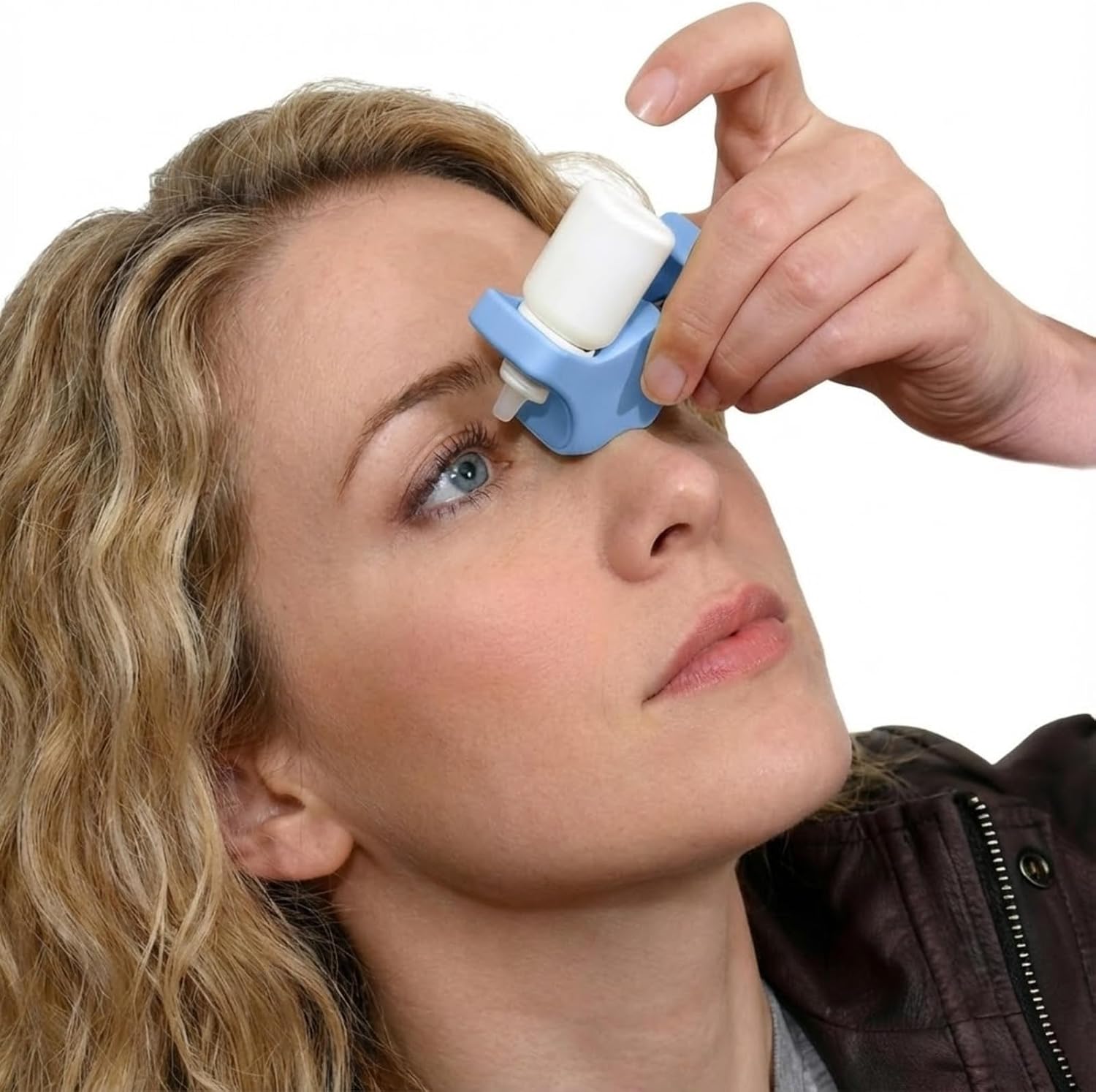 GentleDrop Eye Drop Guide front view showing blue silicone holder design.