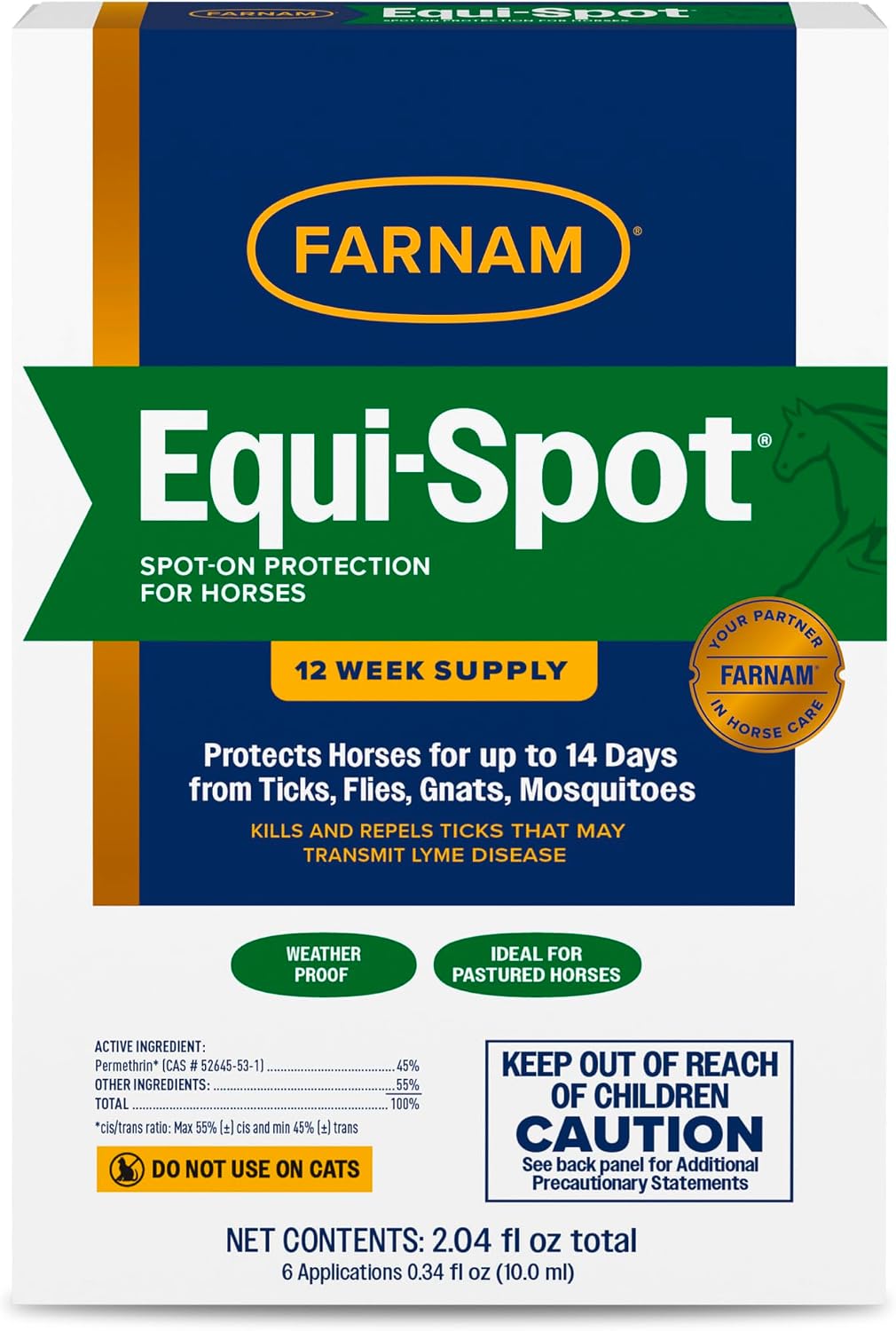 Farnam Equi-Spot horse fly control front view packaging showing twelve week supply text