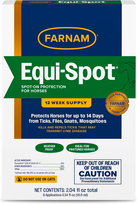 Farnam Equi-Spot horse fly control front view packaging showing twelve week supply text