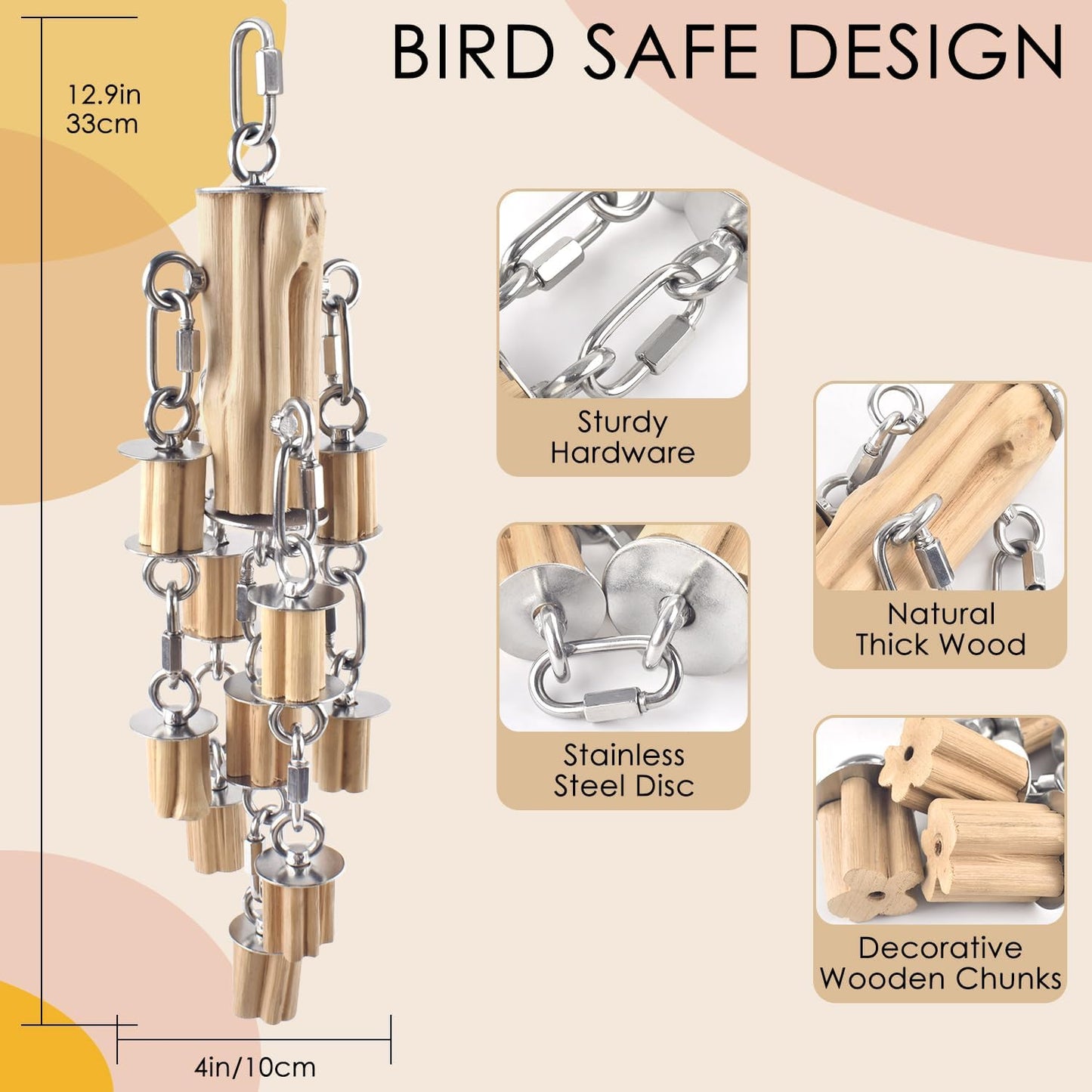Close up of 304 stainless steel chains and hardwood blocks on bird toy.