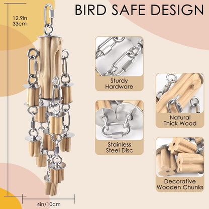 Close up of 304 stainless steel chains and hardwood blocks on bird toy.