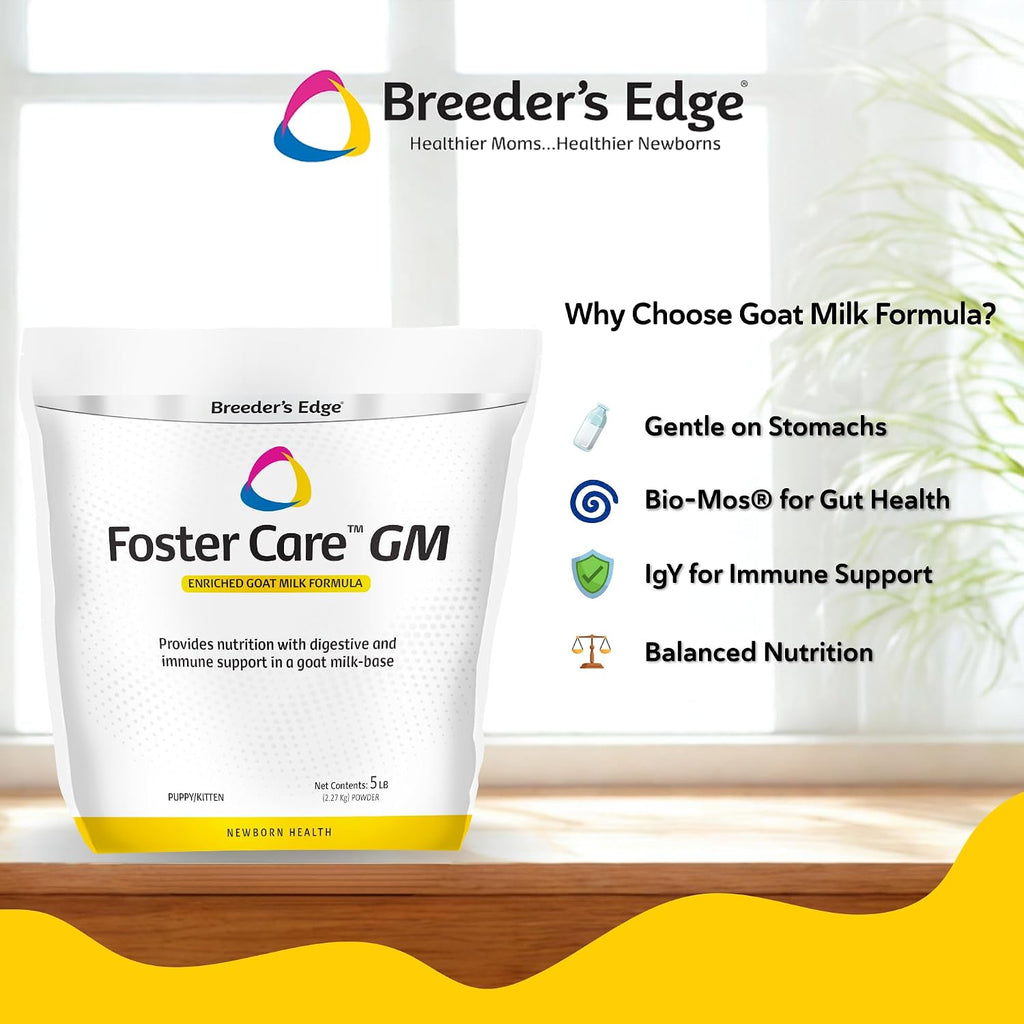 Back label of Breeder's Edge enriched goat milk formula showing nutritional facts and mixing instructions