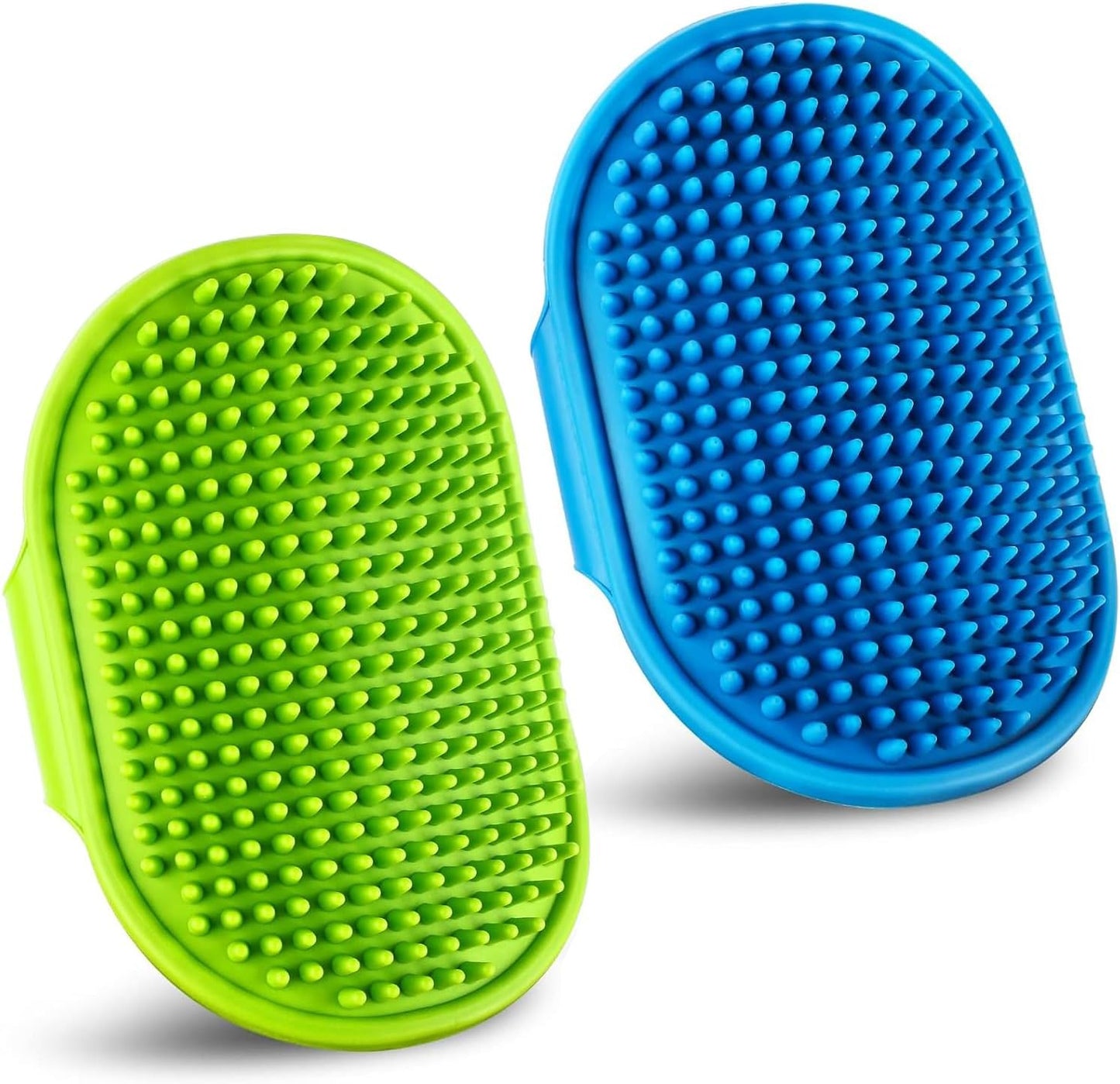 Kwispel dog grooming brush front view showing the yellow and dark blue rubber pet shampoo bath brushes