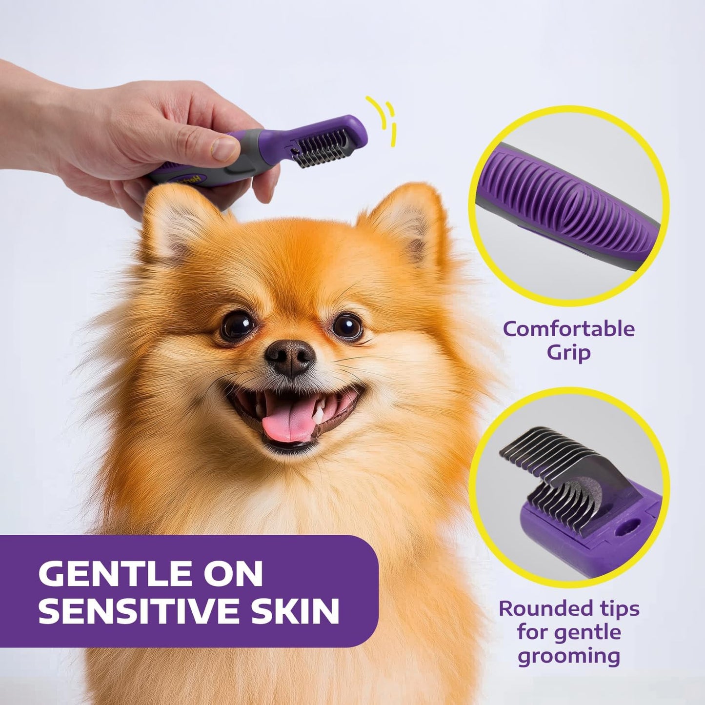 Hertzko authentic imported pet undercoat brush being held at a professional grooming angle