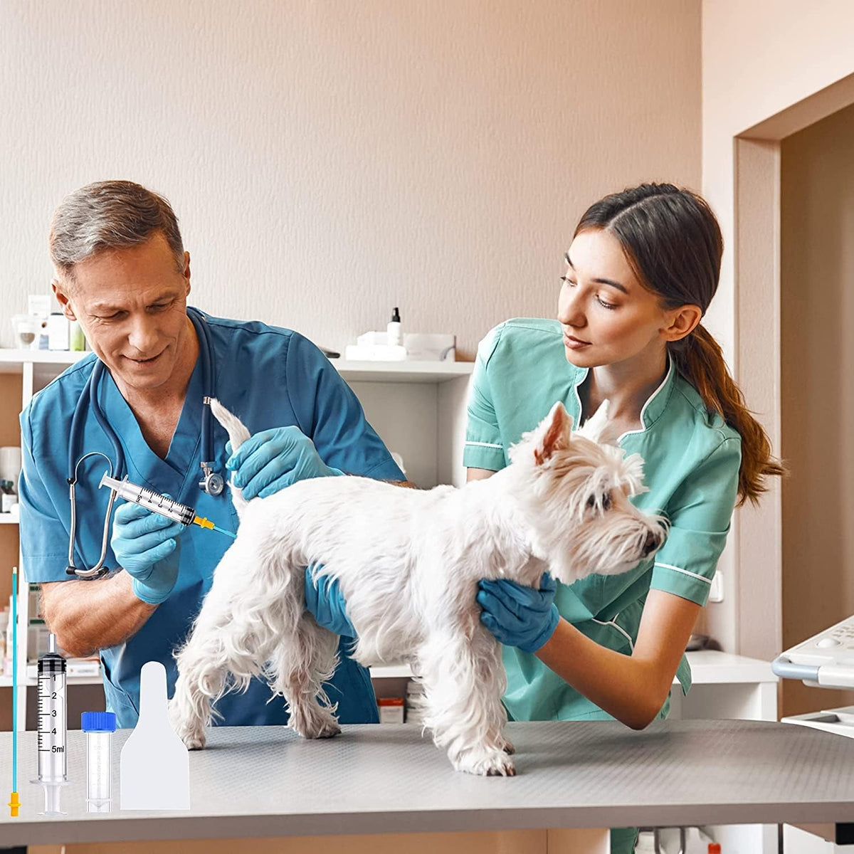 Individually sealed sterile 5ml syringes for precise canine insemination dosing.