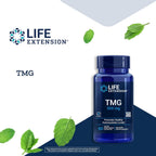 Side view of Life Extension TMG 500mg bottle showing dosage directions