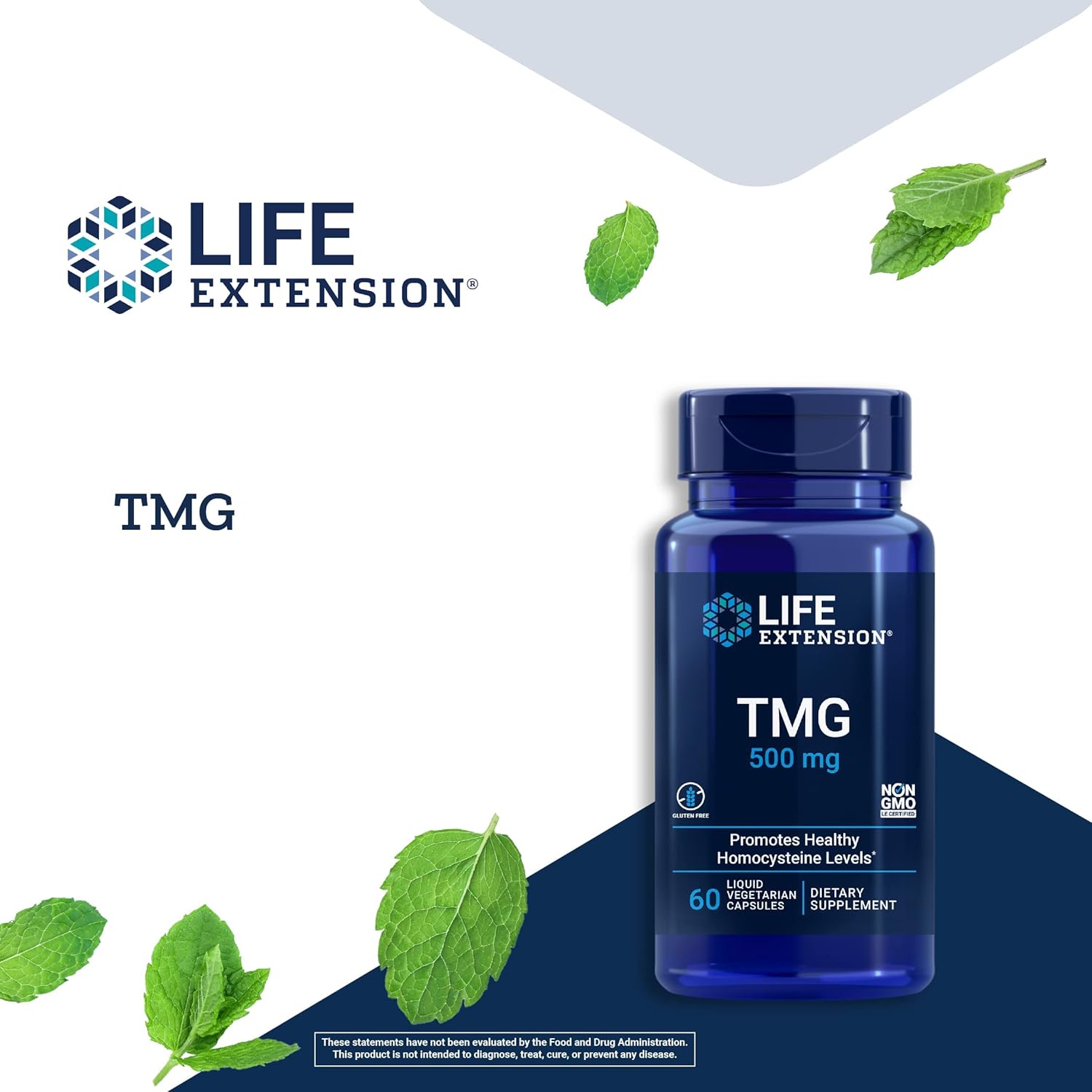 Side view of Life Extension TMG 500mg bottle showing dosage directions