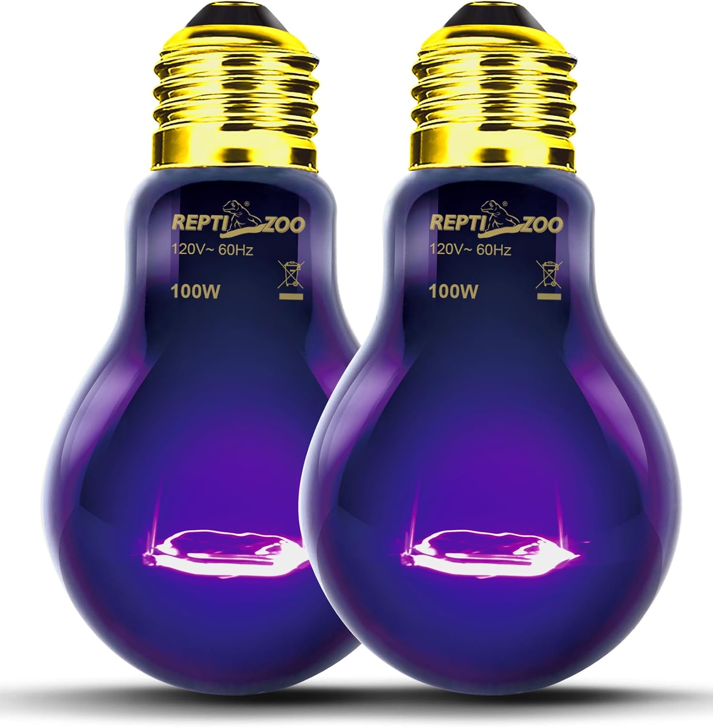 Authentic USA imported REPTI ZOO 100W purple reptile heat lamps inside their original packaging box.