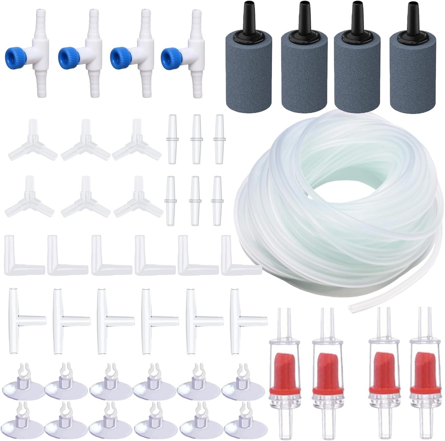 Wonfly Aquarium Air Pump Accessories Kit front view showcasing forty nine pieces for fish tank aeration.