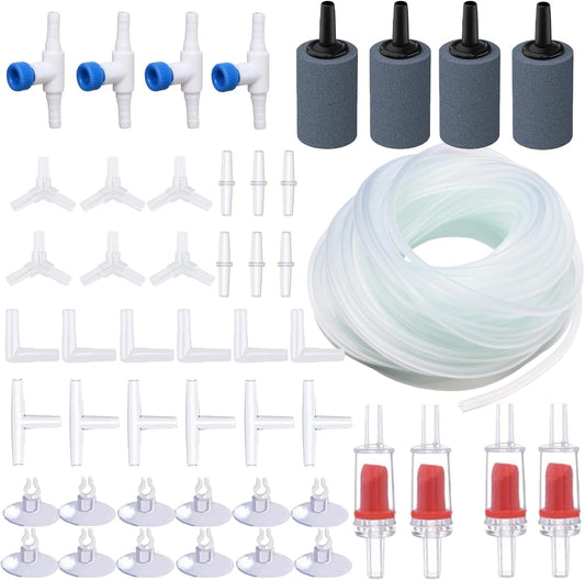 Wonfly Aquarium Air Pump Accessories Kit front view showcasing forty nine pieces for fish tank aeration.