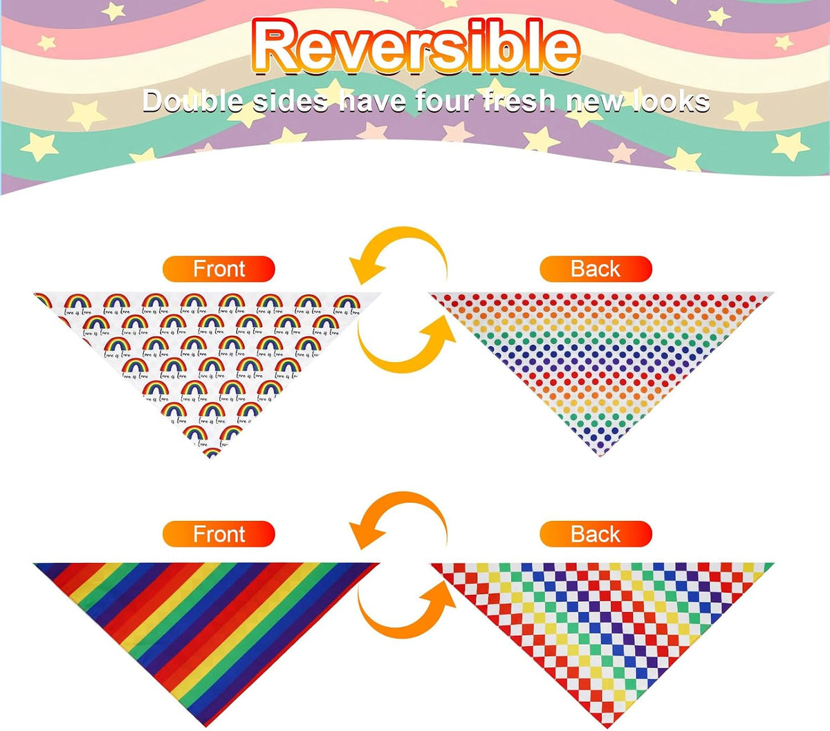 Folded Agroon pride bandanas showing multiple patterns