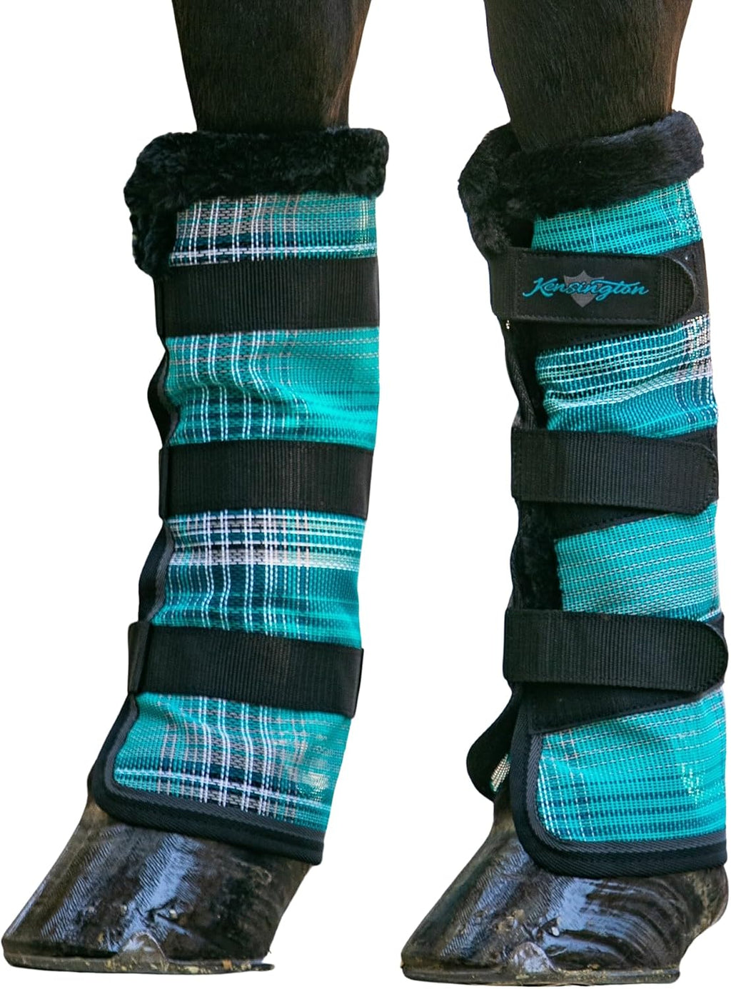 Kensington Protective Products horse fly boots front view showing teal and black plaid pattern