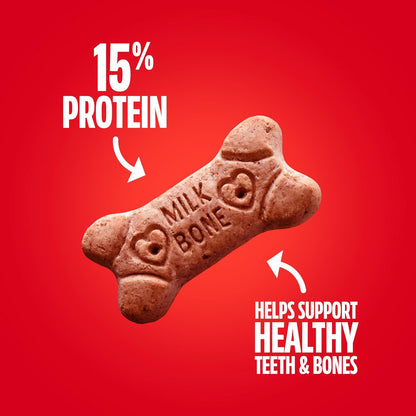 Milk-Bone Flavor Snacks box highlighting 15 percent protein content for dogs.