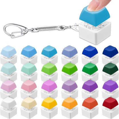 Halloscume 24 Count Keyboard Fidget Keychain assortment pack showing various mixed color caps on white bases.