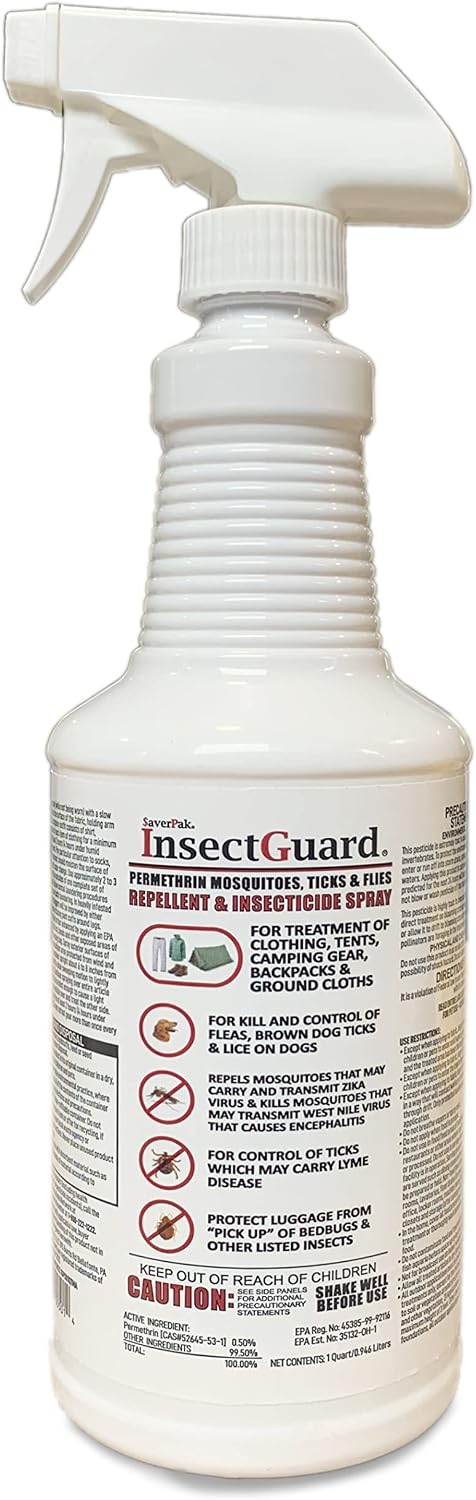 Full view of SaverPak InsectGuard water-based permethrin repellent demonstrating heavy-duty container design for stable use.